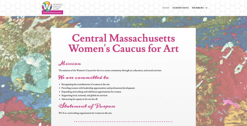 Website design for Central Massachusetts Women's Caucus for Art. Designed by Sitka Creations.