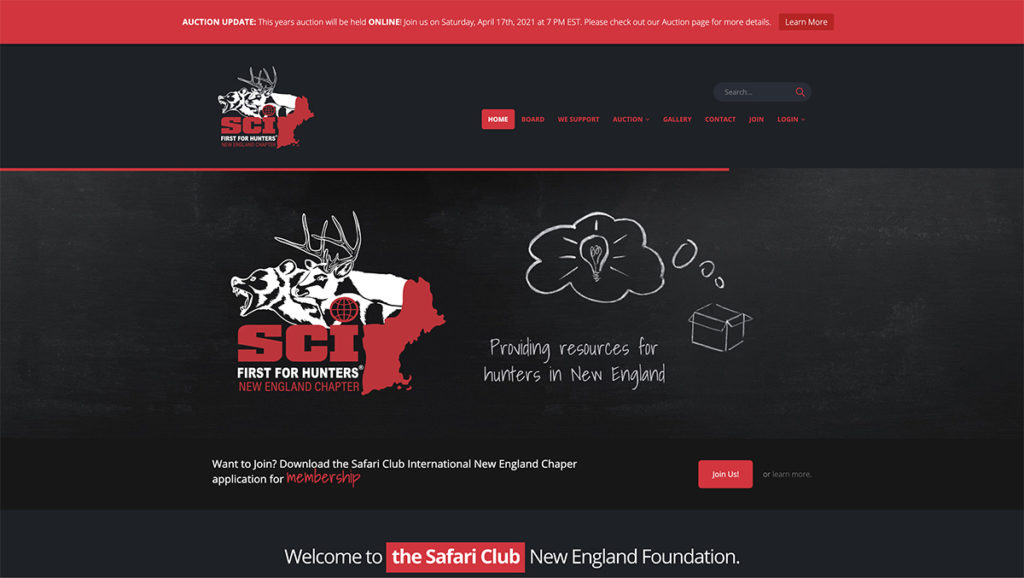 Website design for Safari Club New England. Designed by Sitka Creations.